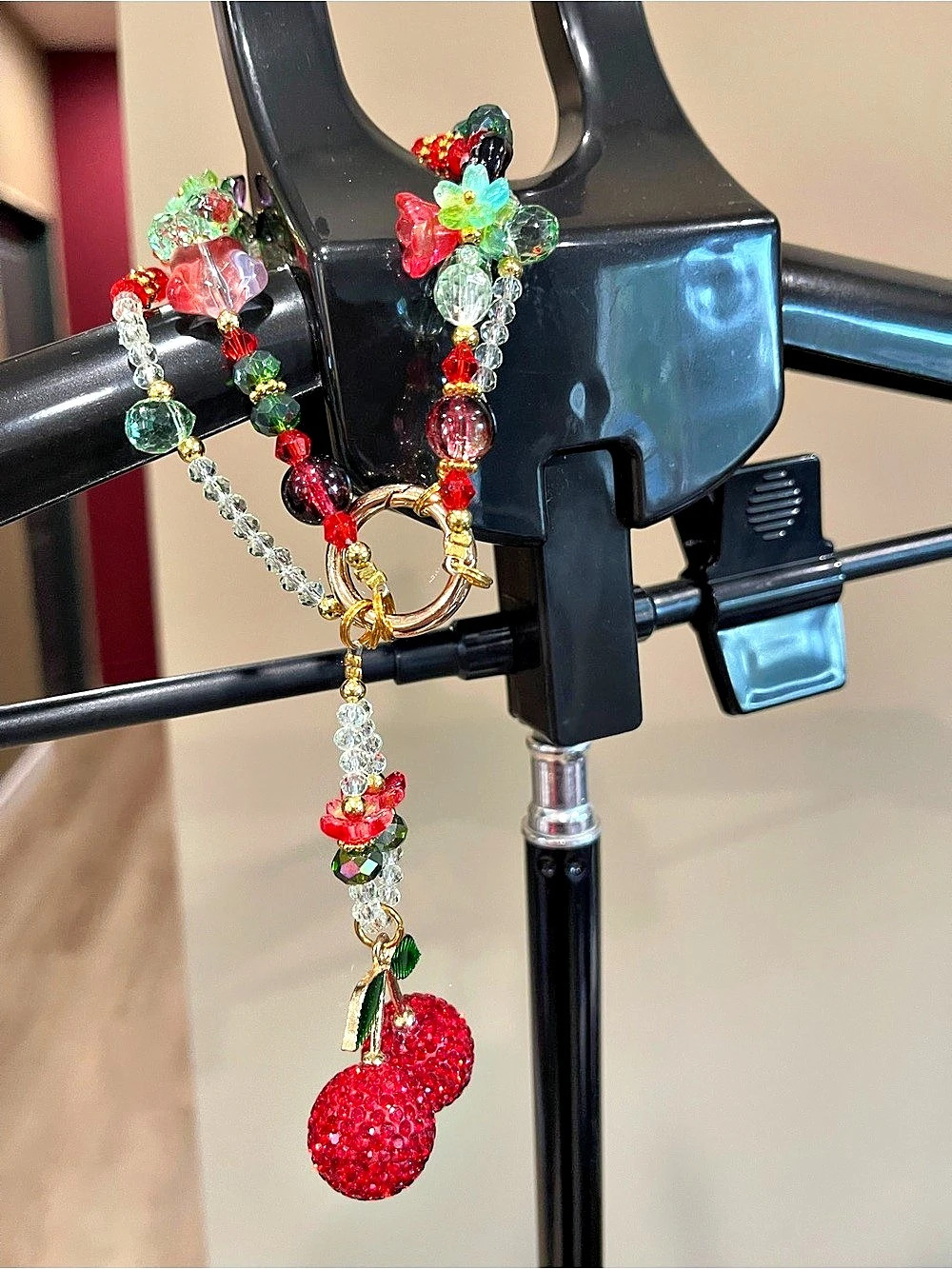 Purse charm Beaded Cherry Bracelet in Red & Green